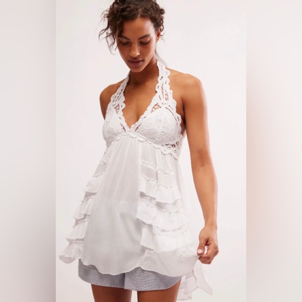 Free People One Adella Halter Slip Dress Mini
White Lace Ruffles Tiered Boho